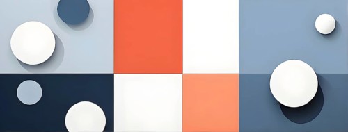 Minimalist composition of overlapping geometric shapes, such as circles, squares, and triangles,
