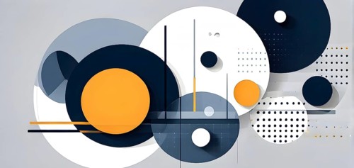 Minimalist composition of overlapping geometric shapes, such as circles, squares, and triangles,