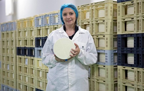 Castilian woman showing a typical Zamora cheese in a cheese factory, cheese stacked in boxes in the