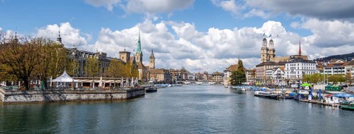 Zurich old town, view of the Limmat and churches, Switzerland, Europe