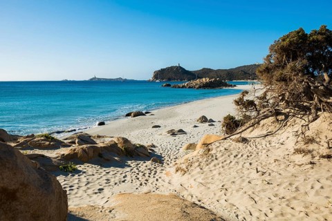 Lonely beach and rocks, Spiaggia di Porto Giunco, Villasimius, south coast, Sardinia, Italy, Europe