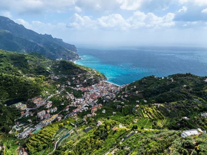 View from Ravello from a drone, Amalfi Coast, Tyrrhenian Sea, Salerno, Campania, Italy, Europe