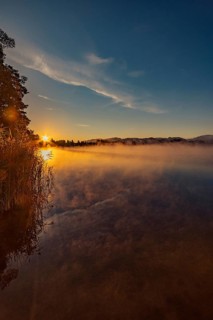 Autumnal morning atmosphere at Schmutter Weiher with fog near Lechbruck, Halblech and Roßhaupten in