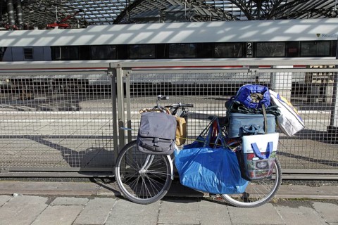 Fully loaded bicycle of a homeless man, Cologne, North Rhine-Westphalia, Germany, Europe