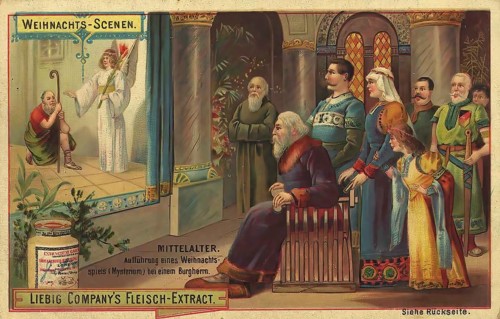 Picture series Christmas scenes, medieval performance of a Christmas play, mystery, at a castle