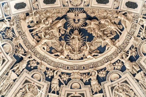 Baroque stucco work on the vault of the west choir in the interior of St Peter's Cathedral, UNESCO