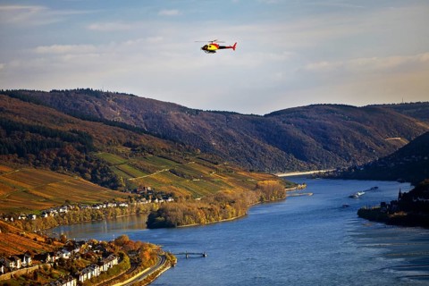 Elevated view of the Rhine from a helicopter over Lorch, Upper Middle Rhine Valley, Hesse, Germany,