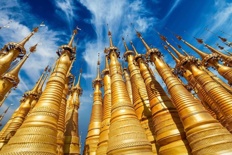 Golden stupas in Shwe Indein Pagoda, Inle lake, Myanmar, Asia