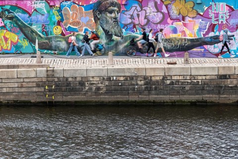 God of Greek mythology, Zeus, large graffiti on building fence, quay, harbour, Gothenburg, Västra