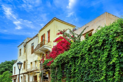 Greece travel destination, colorful streets of Crete island city Chania in historic city center