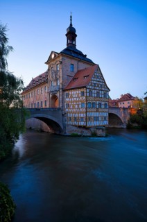Upper Bridge, Old Town Hall, Regnitz, historic old town, blue hour, evening mood, Bamberg, Upper
