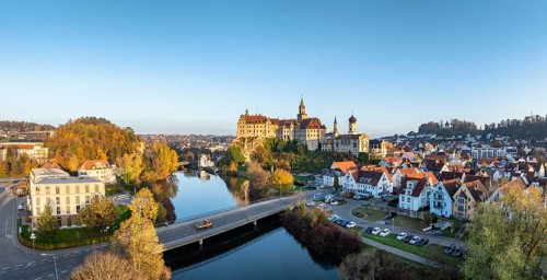 Aerial view, panorama of the town of Sigmaringen with the Hohenzollern castle, a sight and tourist