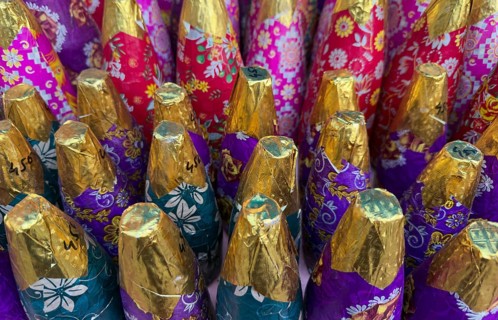 Various firecrackers displayed for sell at a market on the eve of Diwali, the Hindu festival of