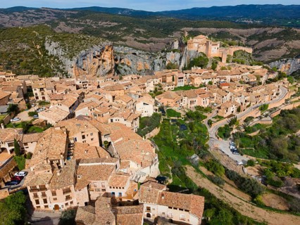 A picturesque medieval village with tiled roofs in a mountainous landscape, aerial view, collegiate