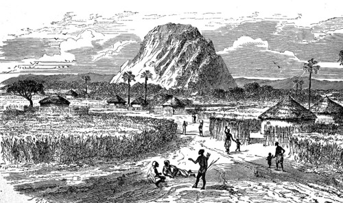 Africa, Marghi village on Lake Chad, Central Africa, in 1870, Historical, digital reproduction of