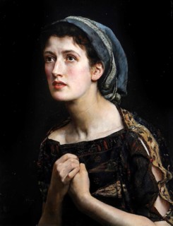 A woman wearing a headscarf holds her hands folded, looking upwards pensively, with a dark