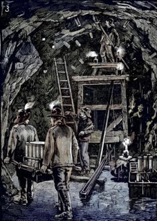 Workers position dynamite cartridges in underground tunnels in preparation for the blasting of