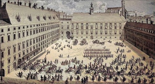 Parade and march at lunchtime on the Burgplatz of the Imperial Castle in Vienna, Austria, digital