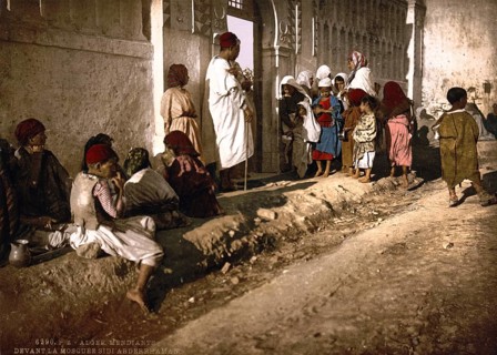 Beggar in front of the mosque Sidi Abderrhaman, Algiers, Algeria, ca 1890, Historical, digitally