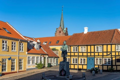 Gaasetorvet square with statue of physicist Hans Christian Örsted in the centre of Rudköbing,
