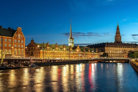 The former Børsen stock exchange on Holmens Canal at dusk, Copenhagen, Denmark, Europe