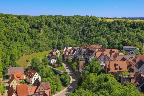 View of Haigerloch, lower town, Eyach valley, houses, roofs, rocky town, baroque gem, Haigerloch,
