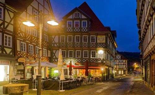 The Lange Straße in the old town centre of Hannoversch Münden with historic half-timbered houses in