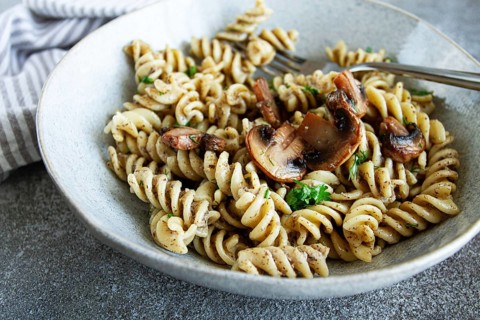 Fusilli pasta, in creamy mushroom sauce, pasta with mushrooms, homemade, no people