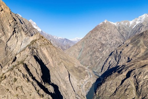 Panj Valley on the Panj River, border river between Tajikistan and Afghanistan, near the village of