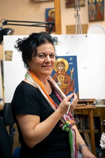 Greek icon paintress, 58 years old, in her studio, Mystras or Mistra, Laconia, Peloponnese, Greece,
