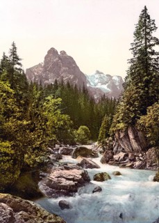 Rosenlaui, Brunnen und Wetterhorn, Bernese Oberland, Switzerland, Historic, digitally restored