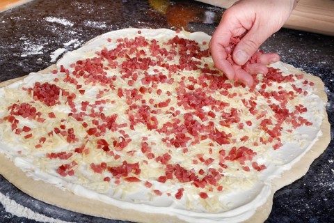 Swabian cuisine, preparation of savoury yeast plait with smoked meat, salty wreath bread, yeast