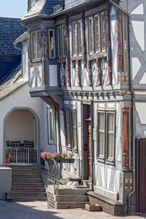 Duchscherer Haus, historic half-timbered house from the early Baroque period, façade with bay