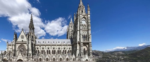 Cathedral Basilica of National Vow in historic center of Quito, Ecuador. Roman catholic church.