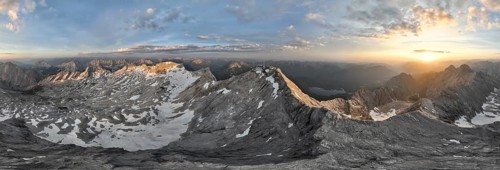 Sunrise, Alpine panorama, aerial view, Zugspitze and Zugspitzplatt with glacier, high mountains,