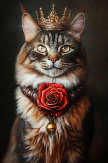 Maine coon cat dressed in medieval attire with jewels, crown and a red devil rose around the neck,