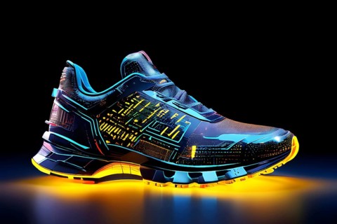 Sporting equipment, like a running shoe, breaking into pixels and data points, morphing into a