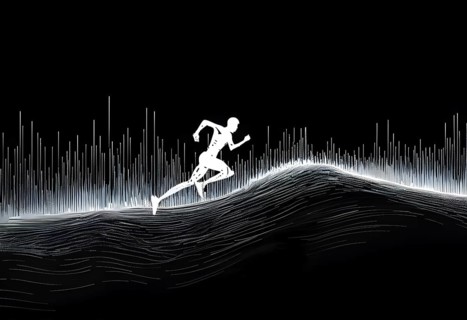 Wave of data points shaping into a runners silhouette, abstract illustration in black and white,