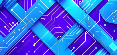 Interlocking geometric shapes that morph into circuits, symbolizing AI logic and algorithms,