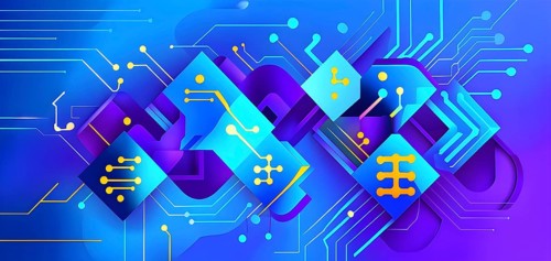 Interlocking geometric shapes that morph into circuits, symbolizing AI logic and algorithms,