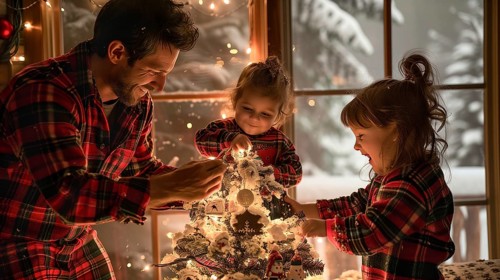 Happy young family wearing matching pajamas decorating the christmas tree together. generative AI.,