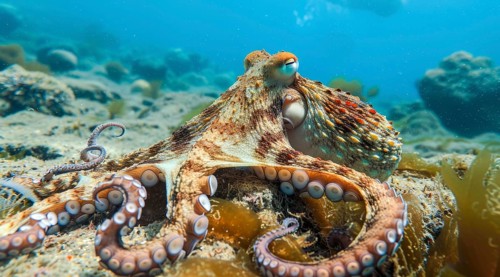 Octopus underwater with spread tentacles., AI generated