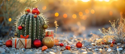 Wrapped presents and small desert cactus decorated for christmas in the desert. generative AI., AI