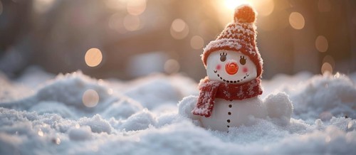 A cheerful christmas snowman in a winter snowy scene banner. generative AI., AI generated
