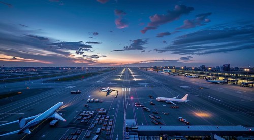 Aerial view international airport terminal, planes departing to multiple international locations.,