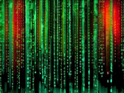 Binary code cascading down like digital rain, representing data insights, vibrant hues, AI