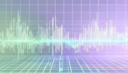 Glowing digital wave forms fluctuating in sync with a pulsating grid background, representing the