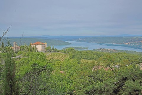 Renaissance castle and church, Aiguines, Lac de Sainte-Croix, Verdon reservoir, view, lake