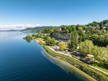 Aerial view of Lake Constance with the Landesgartenschaugelände and Uferpark, Goldbach, Überlingen,