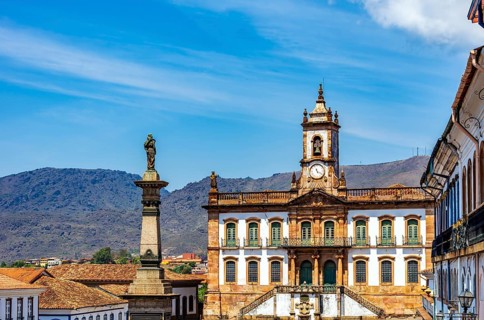 Central square of the city of Ouro Preto with its historic buildings in baroque and colonial style